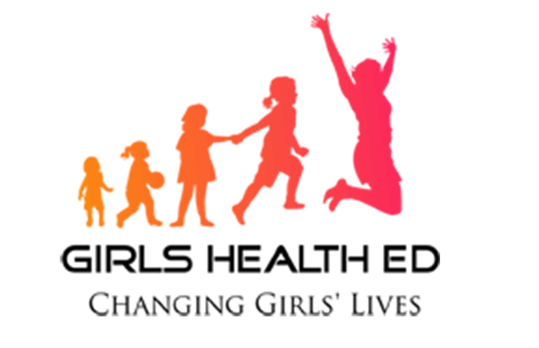 Girls Health Ed logo - orange-yellow ombre silhouettes of a growing girl above black text