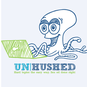 Unhushed logo - illustration of an octopus typing on a laptop