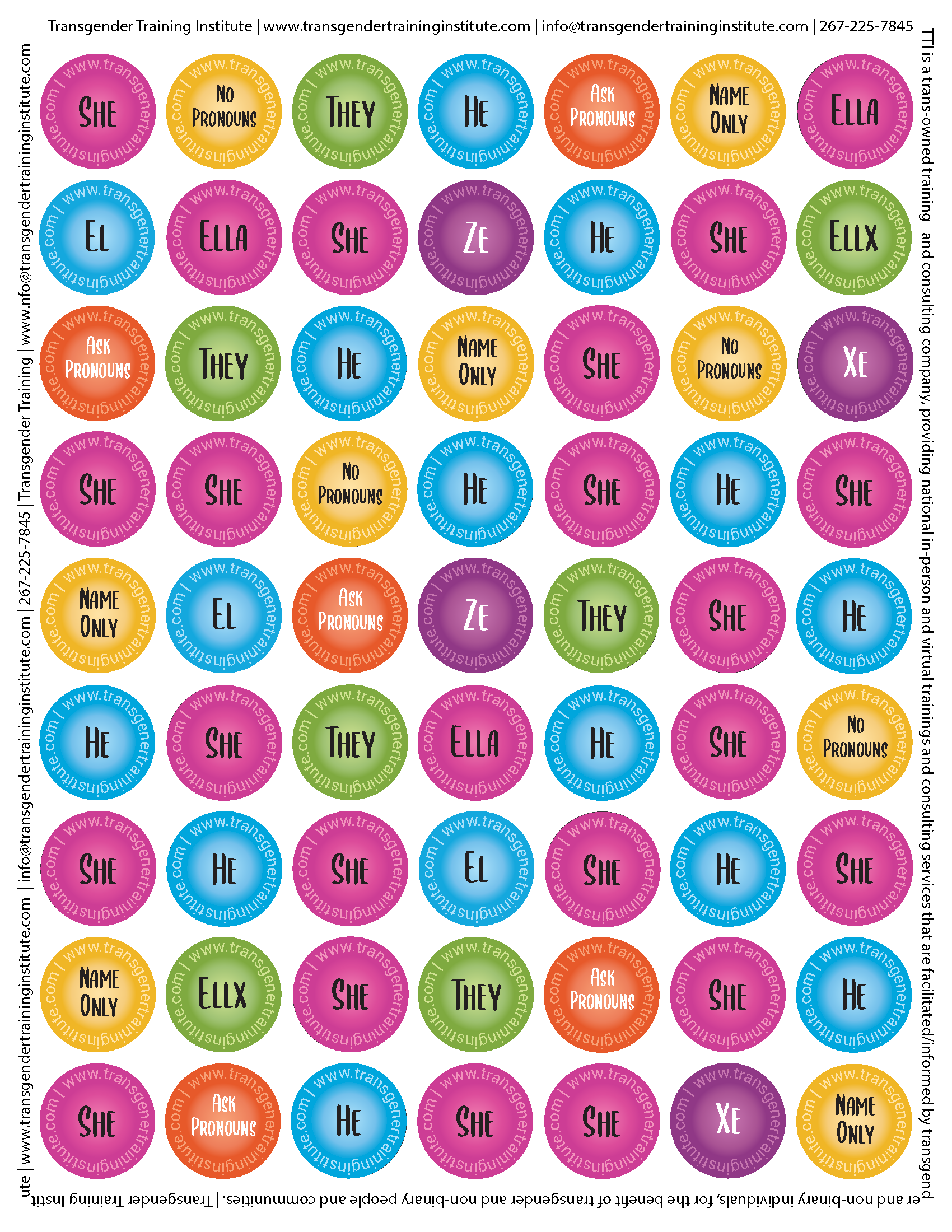 sheet of brightly colored pronoun stickers