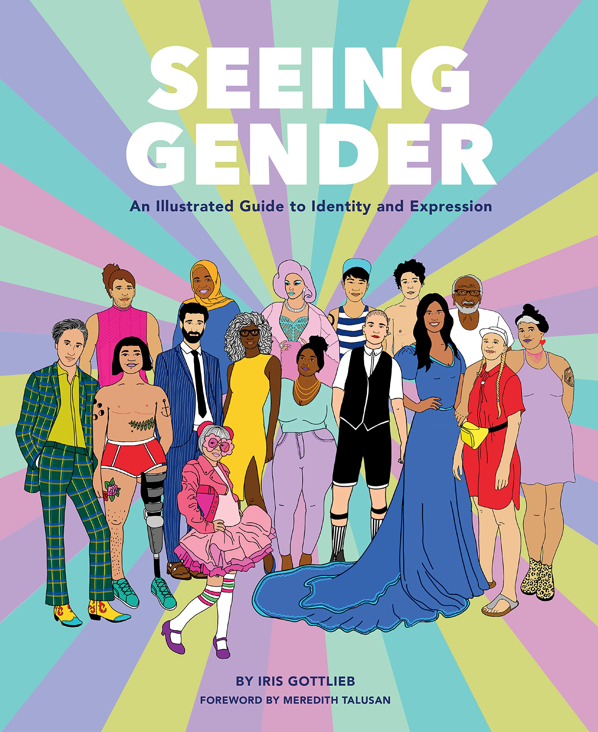 Seeing Gender book cover - illustration of a diverse group of people against a multicolored starburst background