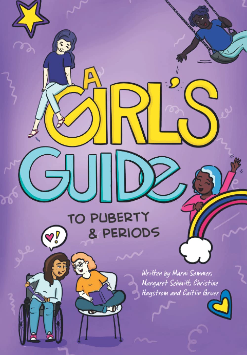 A Girl's Guide to Puberty & Periods - illustrations of girls scattered across a purple ombre background