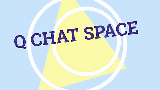 Q Chat Space logo - indigo text over white circles, a yellow triangle, and a pale blue background