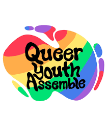 Queer Youth Assemble logo - black text over a rainbow-colored paint splotch